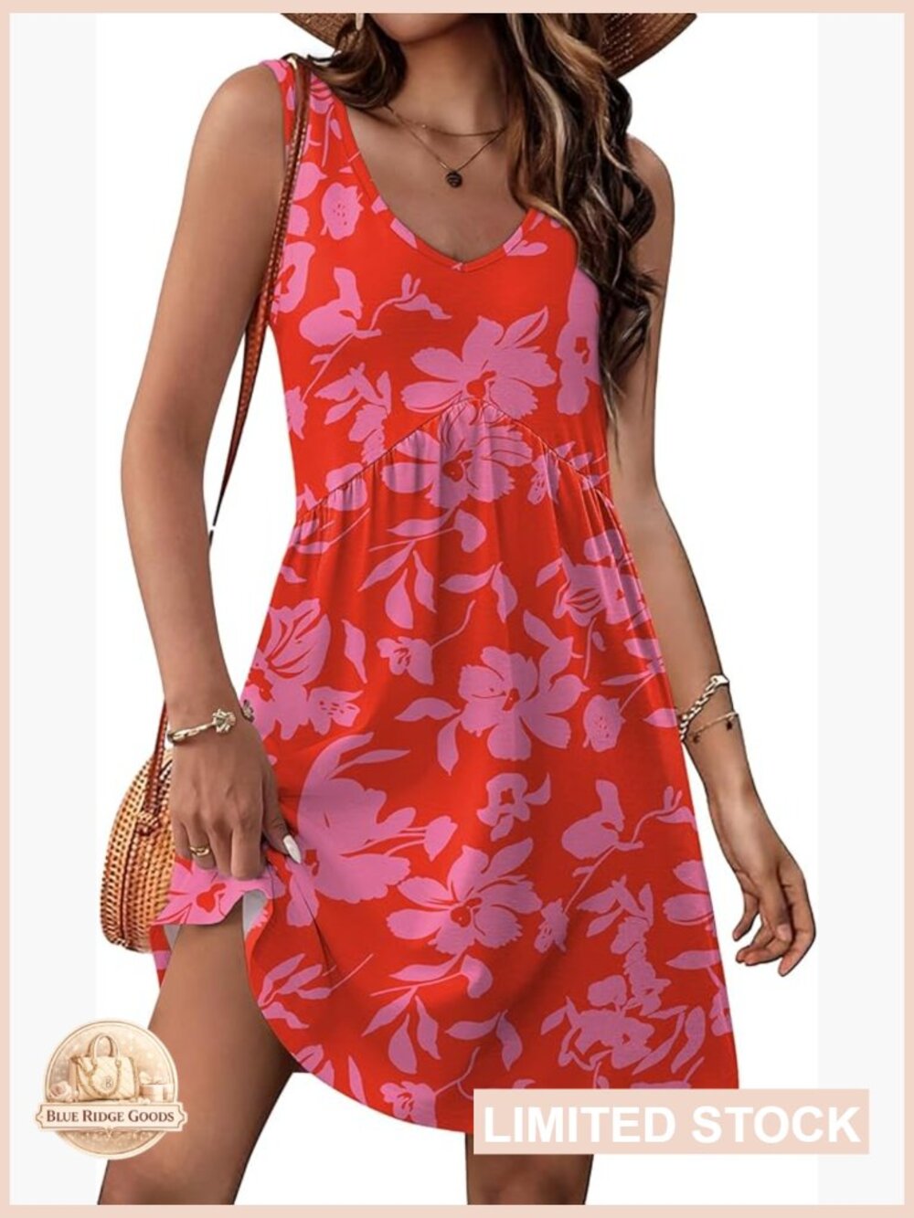 V-Neck Sleeveless Mini Dress Casual Flowy Boho Sundress with Pocket Pleated